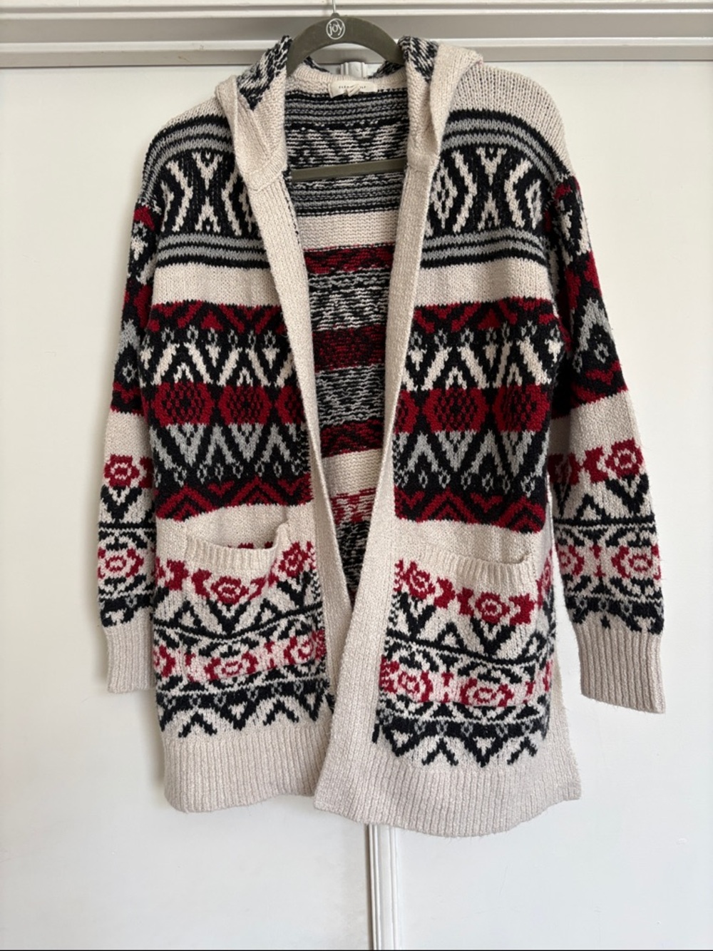 Hooded Cleo + Wolf Open-Front Cardigan Sweater - Cream, Red & Black